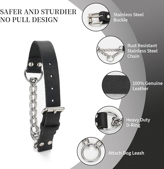 Martingale Collar for Dogs No-Pull Adjustable Training Collar with Stainless Steel Chain - Genuine Leather Anti-Slip Design for Small,Medium,Large Breed Dogs - Black (S)