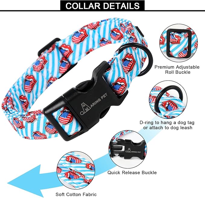 ARING PET 4th of July Dog Collar-Cotton Patriotic Dog Collar, Adjustable Tongue Print Pet Collar Puppy Collars with Quick Release Buckle for Small Medium Large Dogs