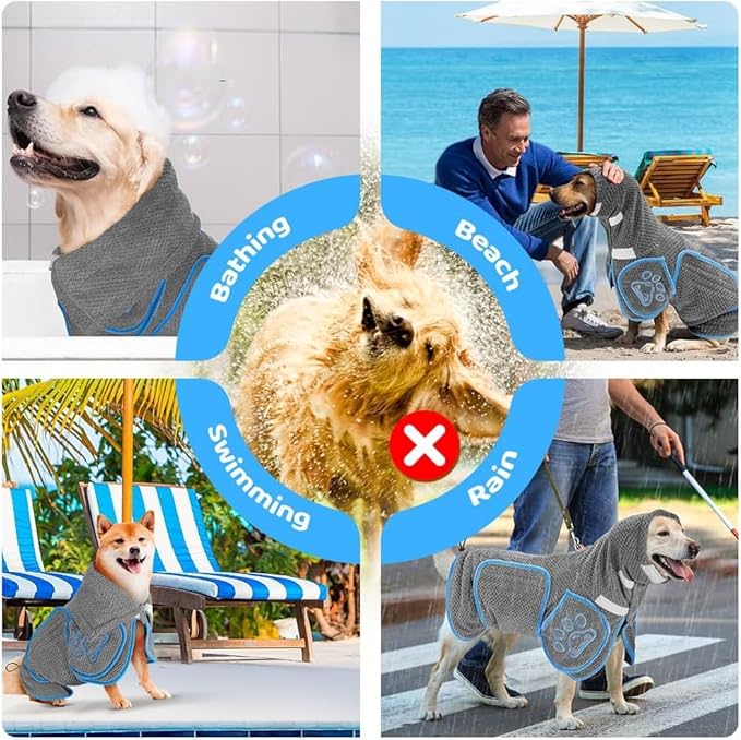 SlowTon Dog Bathrobe Towel - Super Absorbent Microfiber Pet Quick Drying Towel, Wearable Soft Bath Robes for After Bath Shower Swim Wet Walk, Adjustable for Small Middle Large Dogs (GY, 2XL)