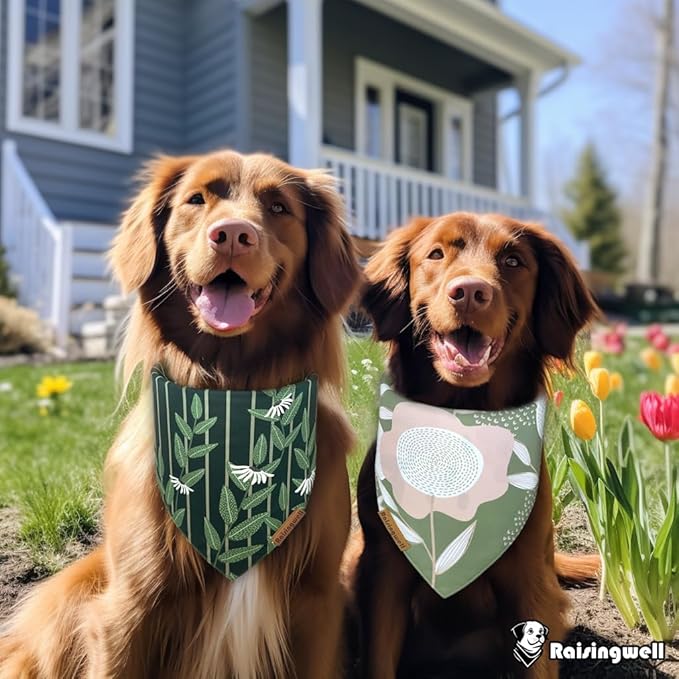Summer Dog Bandanas 2 Pack, 4 Pattern Reversible Green Dog Bandana, Adjustable, Washable, Spring Floral Triangle Scarf for Medium to Large Breed Dogs, boy and Girl (Large)