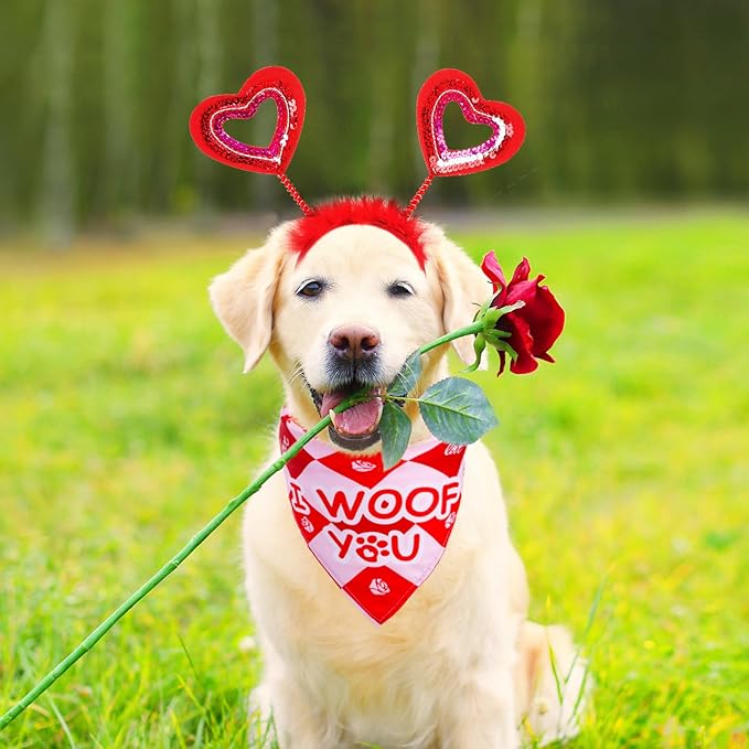 PUPTECK Valentine Dog Bandana Scarf with Cute Doggy Love Hat, Wedding Photo Prop Costume Decorations Supplies for Small Medium Large Dogs Boy Girl Outfit Engagement Gifts, Red