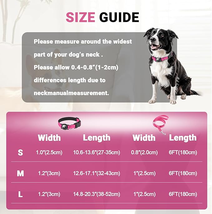 AirTag Dog Collar and Leash, IP68 Waterproof Integrated with Reflective, Ultra-Durable, Comfortable Padded, Heavy Duty Dog Collars for Small Medium Large Dogs, M (12.6"-17.1"), Pink