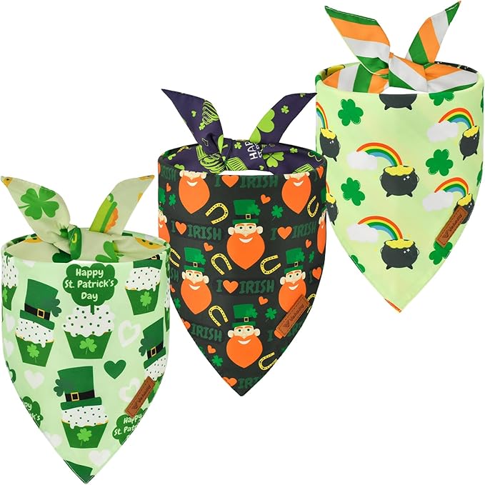 Vehomy 3-Pack St. Patrick's Day Dog Bandana Reversible Dog Bandanas Shamrock Dog Scarfs Cat Triangular Bibs Pet Irish Bandanas Scarves for Small Medium Large Dogs XL