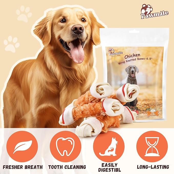 Large Size Chicken Wrapped Rawhide Bones for Large Breed, Long Lasting Chew with Taurine Dog Treats Teeth Cleaning Snacks for Medium Large Dogs 5 Counts