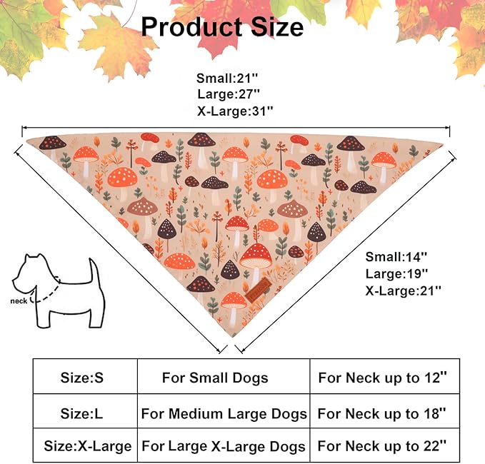 PTDECOR Fall Dog Bandana, Pumpkin Mushroom Design Scarf Reversible Holiday Dog Scarf, Triangle Thanksgiving Bandanas for Large X-Large Dogs (X-Large)
