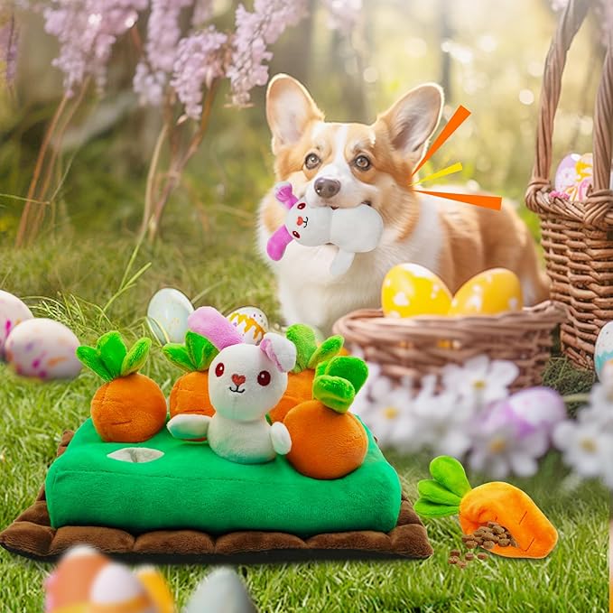 Easter Dog Toys, Hide and Seek Dog Toy, Squeaky Interactive Puzzle Dog Toys for Boredom and Stimulation, Easter Dog Gift for Small and Medium Dogs (Carrots & Rabbits, Pack of 7)