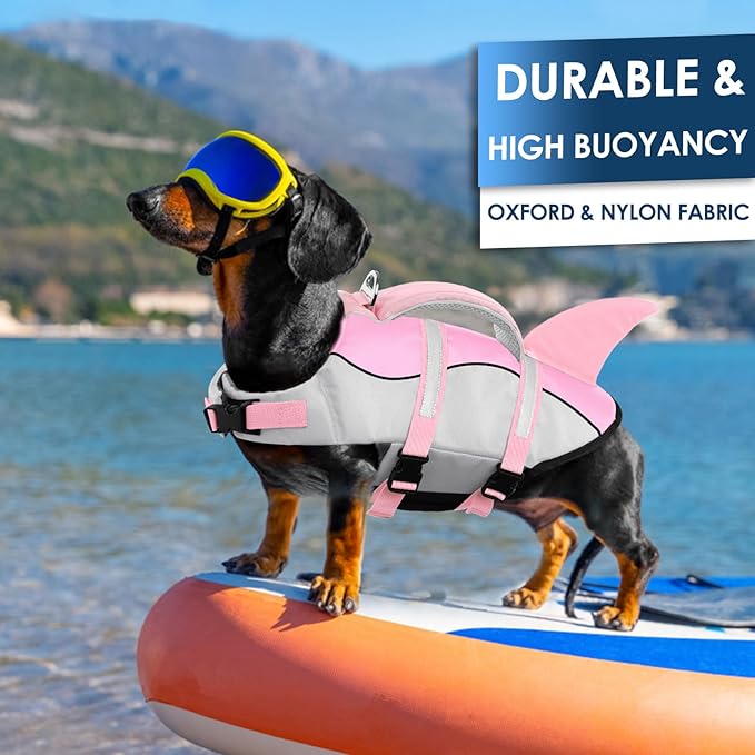 AOFITEE Dog Life Jacket, Shark Dog Life Vest for Swimming Boating, High Flotation Pet Lifesaver with Rescue Handle, Reflective French Bulldog Lifejacket, Life Jackets for Small Medium Large Dogs, M