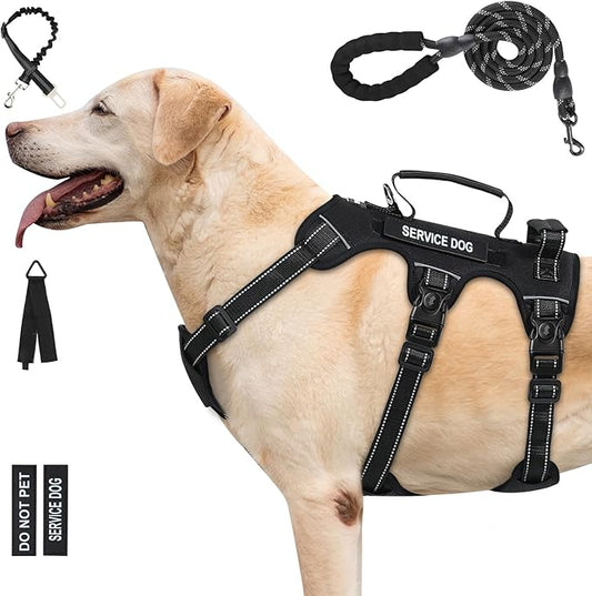 Escape Proof Dog Harness for Large Medium Sized Dogs Six Point Adjustable, Service Dog Vest Harness and Leash Set, No Pull Dogs Harnesses with Handle, XL Dog Harnesses for Walking(Black, L)