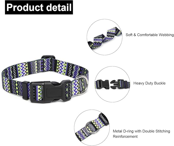 Adjustable Dog Collar with Patterns, Ultra Comfy Soft Nylon Breathable Pet Collar for Small Medium Large Dogs (M, Tribal Violet)