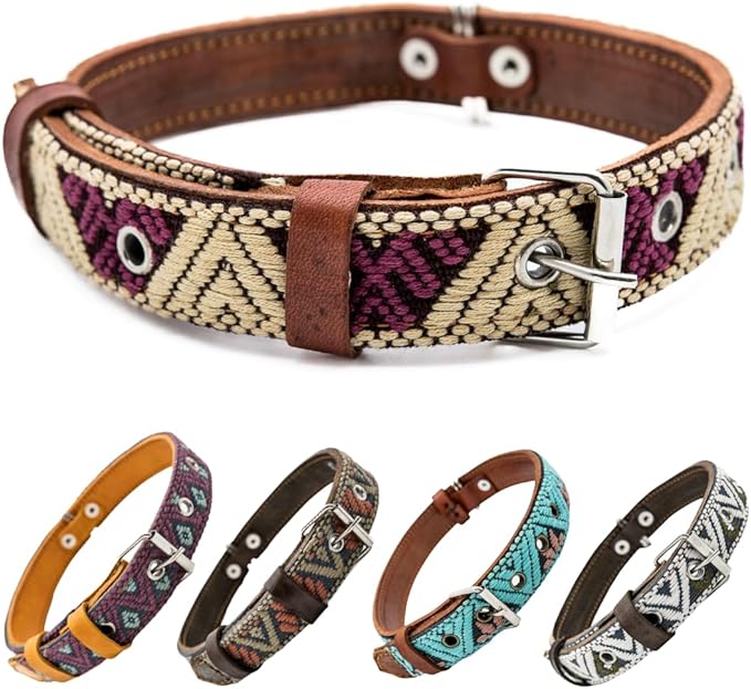 Western Dog Collar - Leather Embroidered Design for Small Medium Large Dogs & Puppy Pets - Aztec Southwest for Boy and Girl Female & Male Dogs - Collar para Perros Beaded (Large, Baja White)