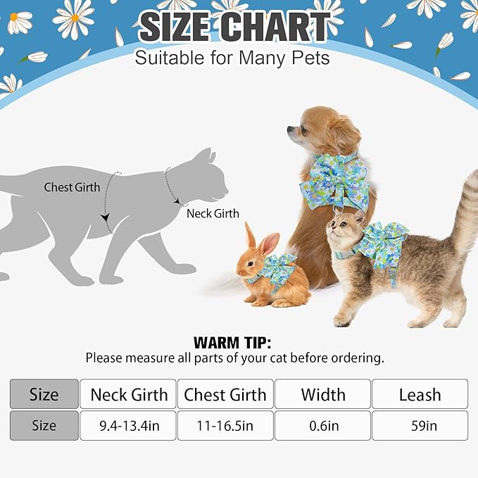 PAWCHIE Cat Harness and Leash Set with Bow Knot,Cats Escape Proof-Adjustable Daisy Floral Kitten Harness Soft Outdoor Walking Travel Pet Harness,Puppy Harness for Girl Cats Bunny Rabbit Small Dog,Blue