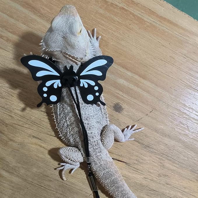 Bearded Dragon Harness Leash Set Adjustable 3PC Leather Vest Butterfly Wings Harness Lizard Outdoor Walking Control Rope for Iguana Gecko Chameleon Hamster Ferret (Black)
