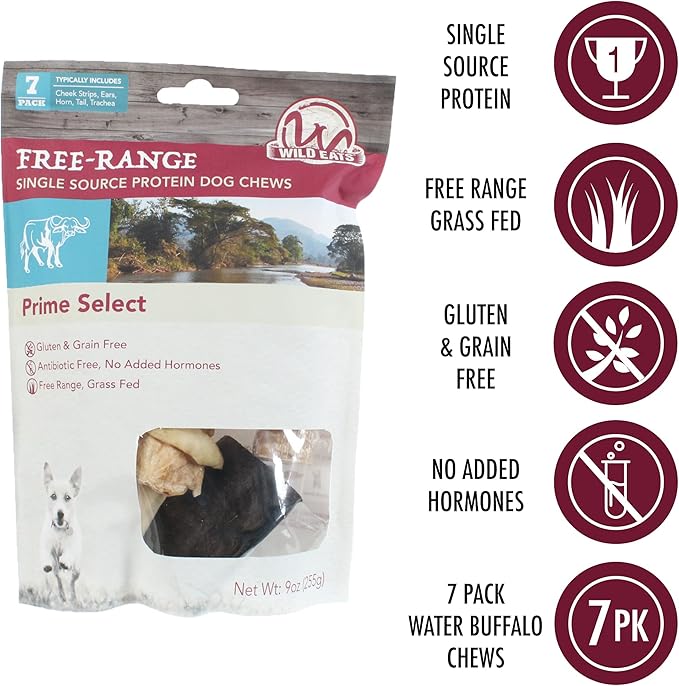 Dog Chews, Water Buffalo Prime Select, 7 Pack (Long Lasting Chews, Dog Bone Assortment, Grain Free, Gluten Free, 0.56 lbs)