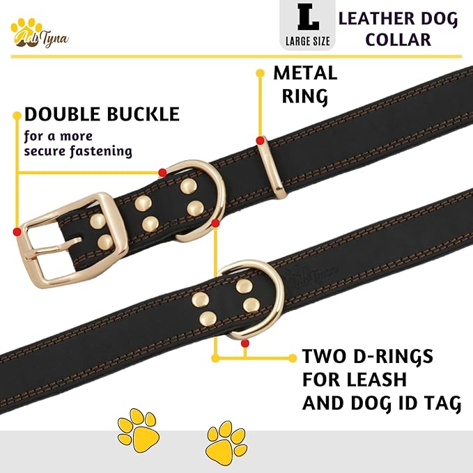 ADITYNA Heavy Duty Leather Dog Collar for Large Dogs - Soft and Strong Leather Collar for Walking and Training (Black - Gold Colored Buckle, Large: Fit 17" - 23" Neck)