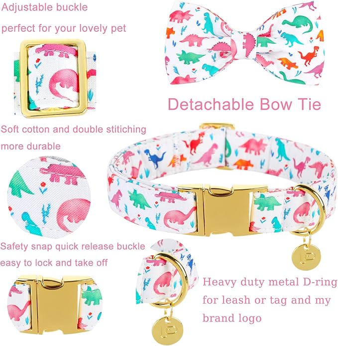 Bow Tie Dog Collar, Dinosaur Adjustable Comfortable Cotton Dog Collar with Bowtie, Metal Buckle Dog Bowtie Collar for Small Girl Boy Dog, S