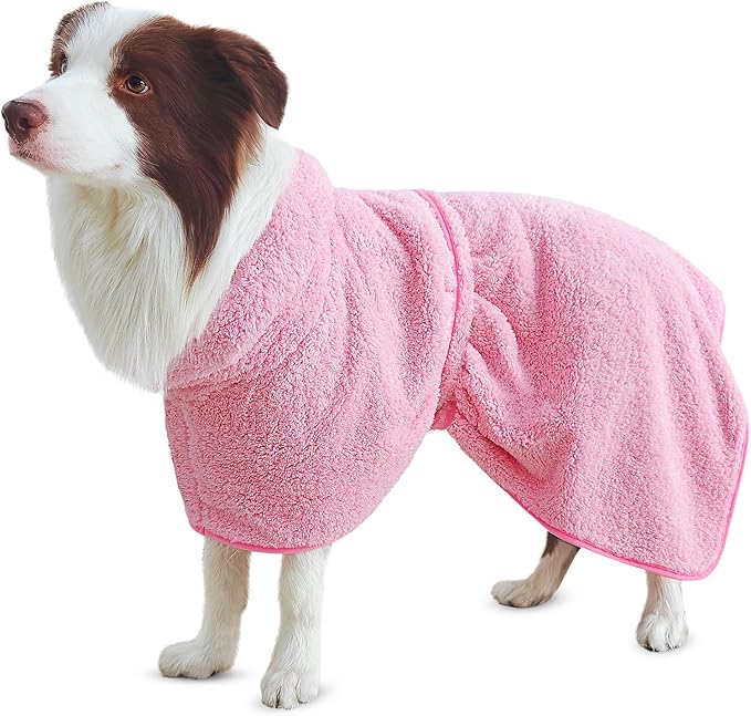Bienbee Soft Dog Bathrobe,Super Absorbent & Quick-Drying Dog Robe with Hood, Cozy Drying Coat for After Bath, Pink XL
