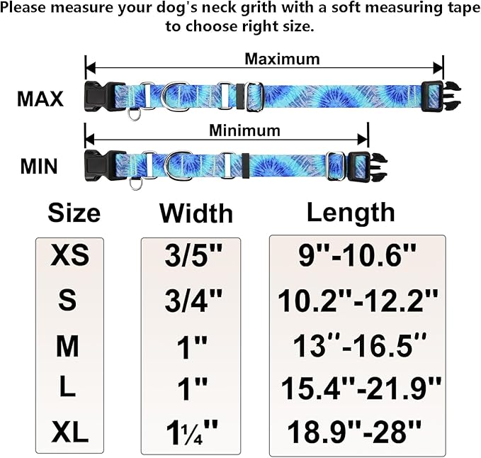 Martingale Collar with Buckle Blue Tie Dye Training Collar Adjustable Nylon Boy Dog Collars (Blue Teal, Large)