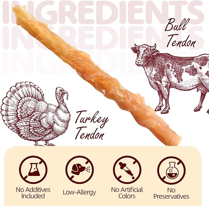 Turkey Tendons for Dogs, Small Medium & Large Dogs Training Treats, Natural Long-Lasting Chews Sticks, Healthy High-Protein Hypoallergenic Beggin Stick, Jumbo Pack (40 Units/Pack, 1 lb)