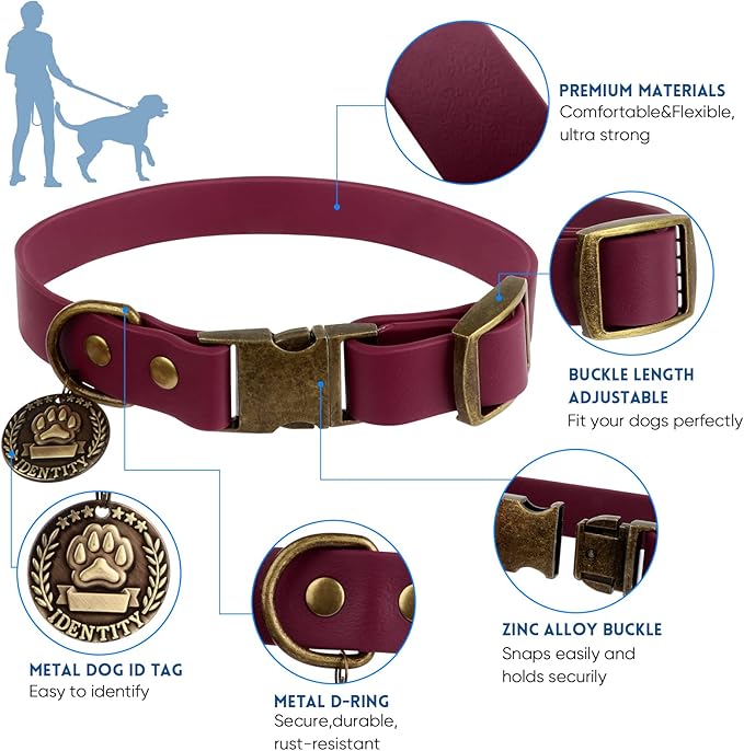 Wisedog Dog Collar and Leash Set Combo: Adjustable Durable Pet Collars with Dog Leashes for Small Medium Large Dogs, Includes One Bonus of Poop Bag Holder (L, Burgundy)