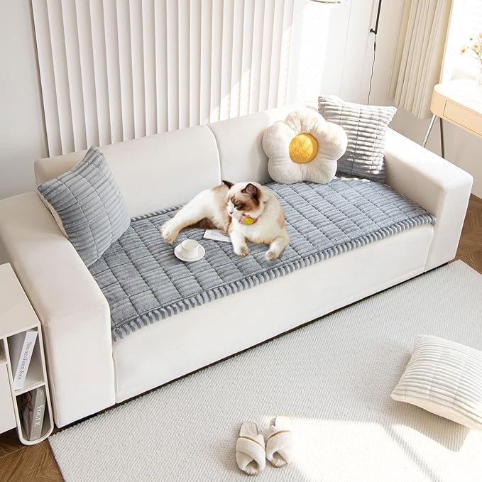 OTOB Couch Cover for Dogs Washable, Non Slip Plush Sofa Covers, Soft Fuzzy Durable Kids Pet Friendly Furniture Protector Covers (Light Gray, 27.6" x 70.9")