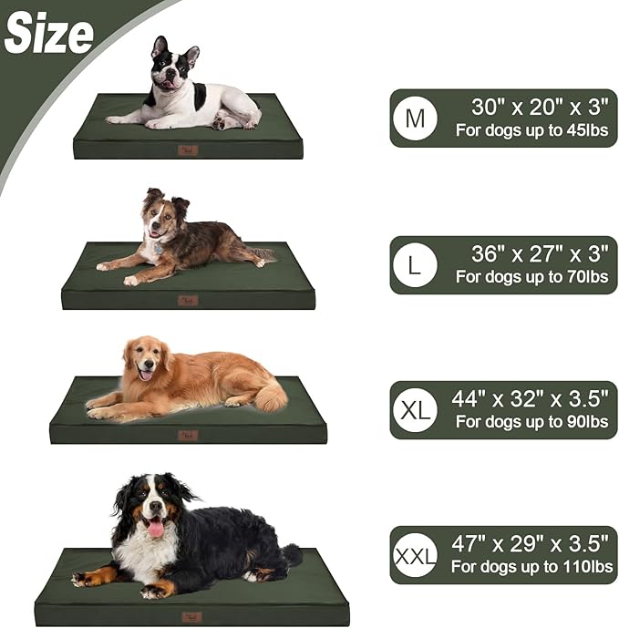 Outdoor All Weather Dog Crate Bed, Waterproof Dog Bed for Medium Dogs, Orthopedic Egg Foam Pet Bed with Removable Cooling Cover, Dark Green