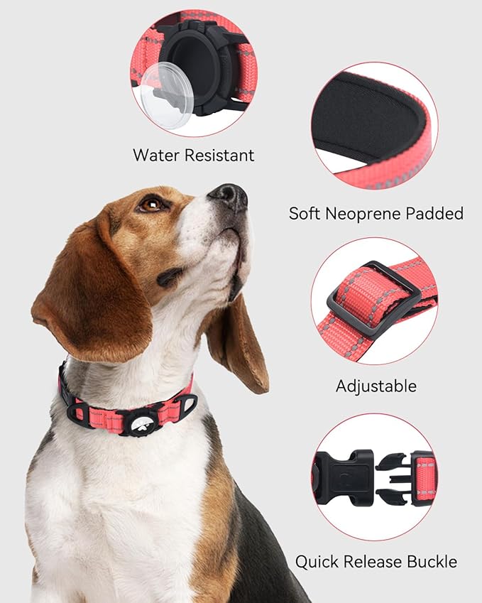 Joytale Airtag Dog Collar, Dual D-Rings, Reflective Pet Collar with Waterproof AirTag Holder, Soft Padded Adjustable for Large Dogs, Neon Pink, L