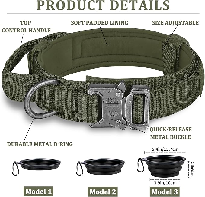 COOYOO Tactical Dog Collar Set, Adjustable Nylon Collar with Control Handle and Heavy Metal Buckle for Medium and Large Dogs
