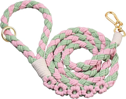 Handmade 5ft Braided Cotton Dog Leash with Unique Floral Handle, Durable and Stylish, Ideal for Small to Large Dogs, Pink & Green Color