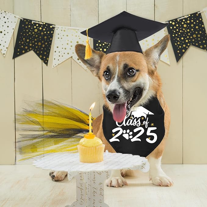 Suhine 6 Pcs Graduation Dog Cap and Gown Costume Accessories Including Class of 2025 Pet Graduation Bandana Tulle Tutu and Dog Caps with Yellow Tassel for Pet Holiday Costume Supplies