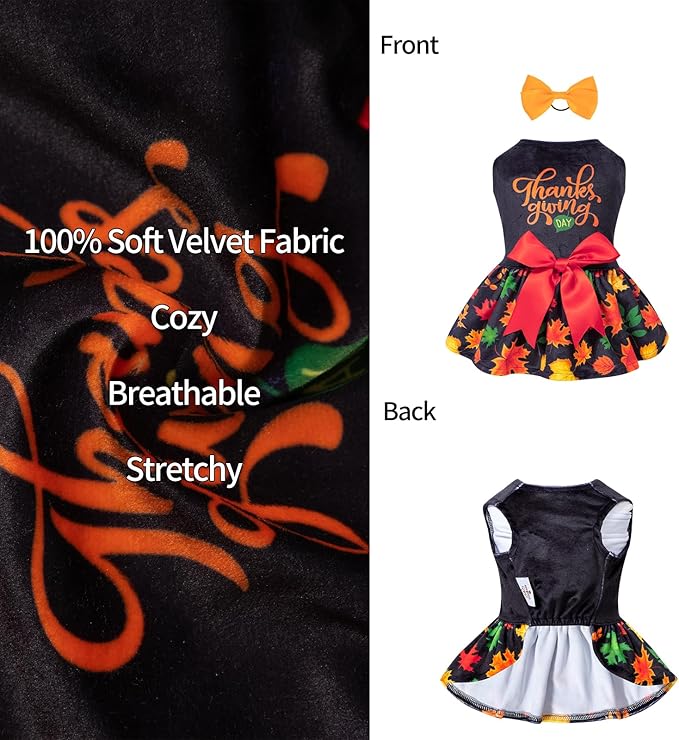 CuteBone Fall Dog Dresses Thanksgiving Costume Velvet Holiday Small Dogs Clothes Onesie Pet Apparel Girl Puppy Skirt with Bow Hair Rope CVA26M-D