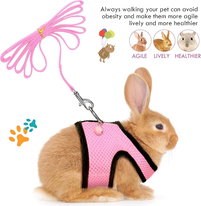 SATINIOR 2 Pieces Guinea Pig Clothes Baby Ferret Rats Hamster Soft Mesh Harness Leash Vest Set with Bell for Guinea Pigs, Hamster, Ferret, Rabbit, Chinchilla and Similar Small Animals(Pink, Blue, S)