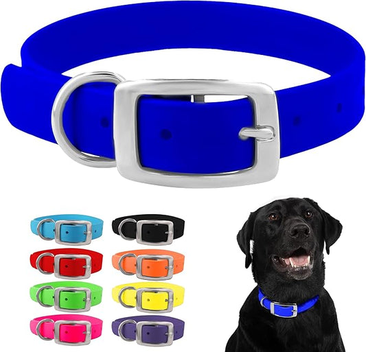 Regal Dog Products Small Blue Dog Collar with Heavy Duty Double Buckle & D Ring | Vinyl Coated, Custom Fit, Adjustable Biothane Dog Collar | Chew Resistant Waterproof Collar for Dogs