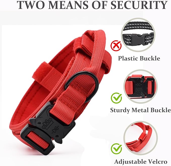 Tactical Dog Collar, Adjustable Military Training Nylon Dog Collar with Control Handle and Heavy Quick-Release Metal Buckle for Small Medium Large Dogs, Red XXL