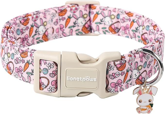 Lionet Paws Easter Dog Collar- Cute Pink Rabbit Eggs Dog Collars with Plastic Buckle, Light Adjustable Dog Samll Collars with Rabbit Pendant for Small Dogs