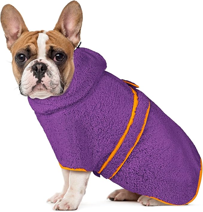 Bienbee Soft Dog Bathrobe,Super Absorbent & Quick-Drying Dog Robe with Hood, Cozy Drying Coat for After Bath, Purple S