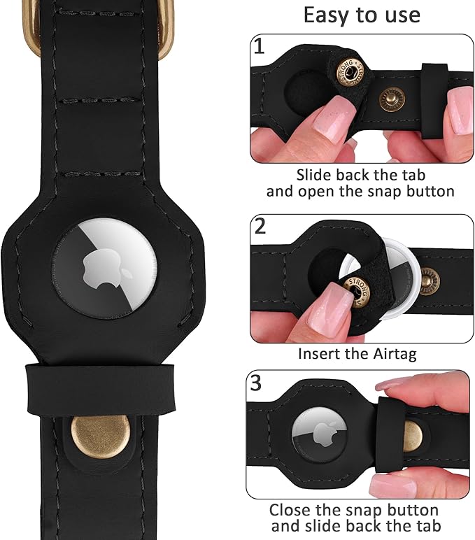 AirTag Dog Collar - Genuine Leather Dog Collar with Apple AirTag Holder and Metal Buckle - Smart GPS Tracking Pet Collars for Small Medium Large Dogs Puppy (Black, L, 17"-21" Neck Fit)