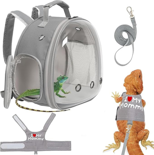 Bearded Dragon Carrier Backpack with Security Printing Harness Set, Reptile Lizard Travel Carrier (Grey, Mommy Harness)