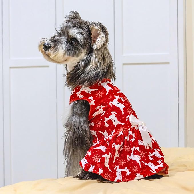 CuteBone Dog Christmas Dresses Outfit Velvet Holiday Small Dogs Clothes Onesie Pet Apparel Girl Puppy Skirt with Bow Hair Rope CVA29M