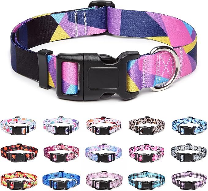 Adjustable Dog Collar with Patterns, Ultra Comfy Soft Nylon Breathable Pet Collar for Small Medium Large Dogs (L, Purple Geometry)