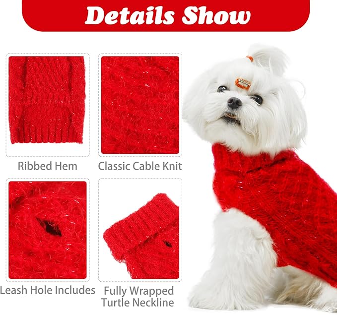 Turtleneck Small Dog Sweaters - Classic Cable Knitwear Winter Coat for Small Medium Dogs Male Female Puppy Dog Cold Weather Clothes Girls Boys, Red, M