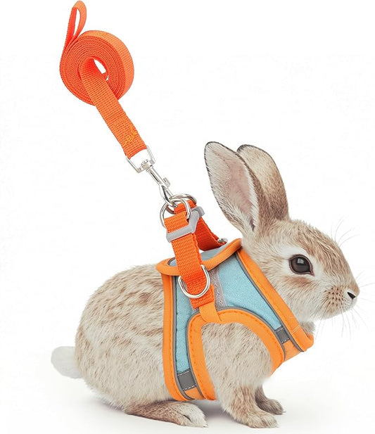 Adjustable Rabbit Harness and Leash Set Double Buckle with Reflective Strips Soft Bunny Breathable Vest Harness for Kitten Ferret Pig Puppy Small Animal Walking Accessories