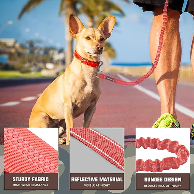 AUROTH Heavy Duty Bungee Dog Leash for Large Breed Dogs, No Pull for Shock Absorption with Car Seat Belt, 2 Padded Handles 4.5Foot 6Foot Training Dog Leash Red