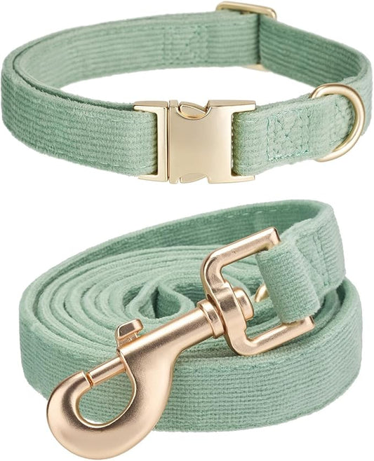Soft Corduroy Dog Collar and Leash Set, Adjustable Cotton Dog Collars with Metal Buckle and Lead for Medium Dogs,Grass Green