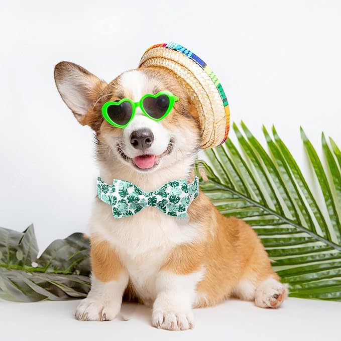 Summer Bow Tie Dog Collar, Comfortable Cotton Dog Collar with Bowtie for Large Dog Girl Boy, Hawaiian Dog Collar with Metal Buckle, Green, L