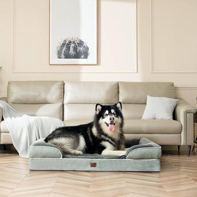 EHEYCIGA Orthopedic XL Dog Beds, Waterproof Memory Foam Dog Bed for Extra Large Dogs, Non-Slip Bottom and Egg-Crate Foam Big Pet Couch Bed with Washable Removable Cover, Greyish Green