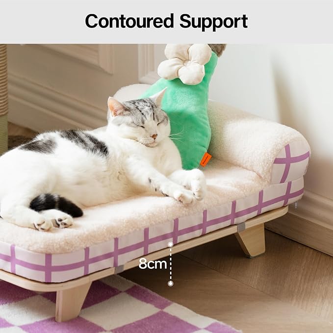 MEWOOFUN Cat Couch Bed, Modern Elevated Cat Bed with Nonskid Bottom, Orthopedic Pet Sofa Bed with Removable Washable Cover, Wooden Pet Furniture for Kitty Puppy, Purple & White