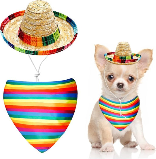 Dog Sombrero Hat and Dog Triangle Scarf Bib, Multicolored Sombrero Costume Rainbow Mouth Towel for Small Pets Mexican Party Decorations