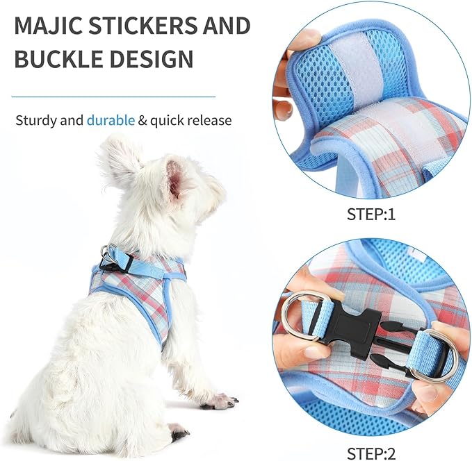 voopet Small Dog Harness and Leash Lightweight Cat Comfort Padded Soft Mesh Vest Step in Dog Harness No Pull No Choke Reflective Small Plaid Girl & Boy Puppy Kitty Walking Harness, Blue S