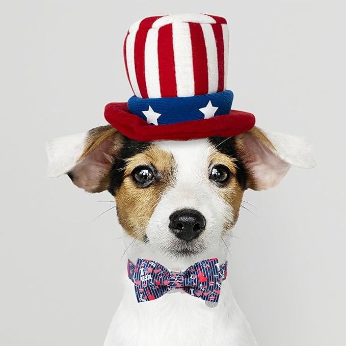 American Flag Dog Collar with Bow Tie, 4th of July Comfortable Cotton Cute Dog Collar with Metal Buckle, Patriotic Bowtie Collar for Puppy Girl Boy Dog or Cat, XS
