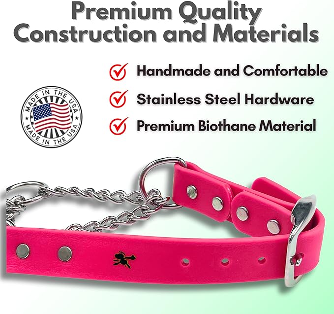 Martingale Collar for Dogs, Biothane, Stainless Steel Hardware, No Pull, Made in The USA, Professional Grade, Medium, Pink